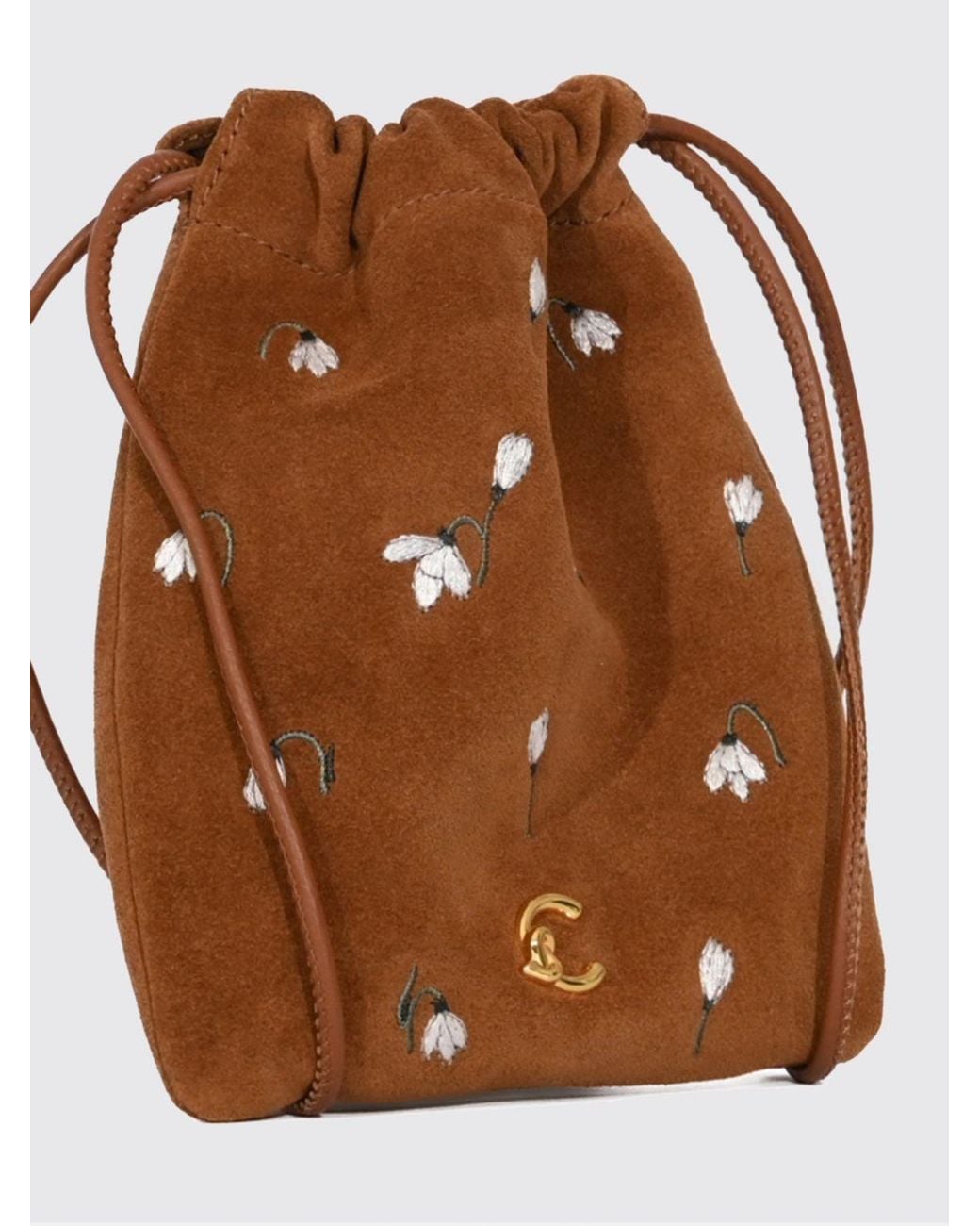 Coccinelle Brown C-Me Suede Keychain With Floral Embroidery