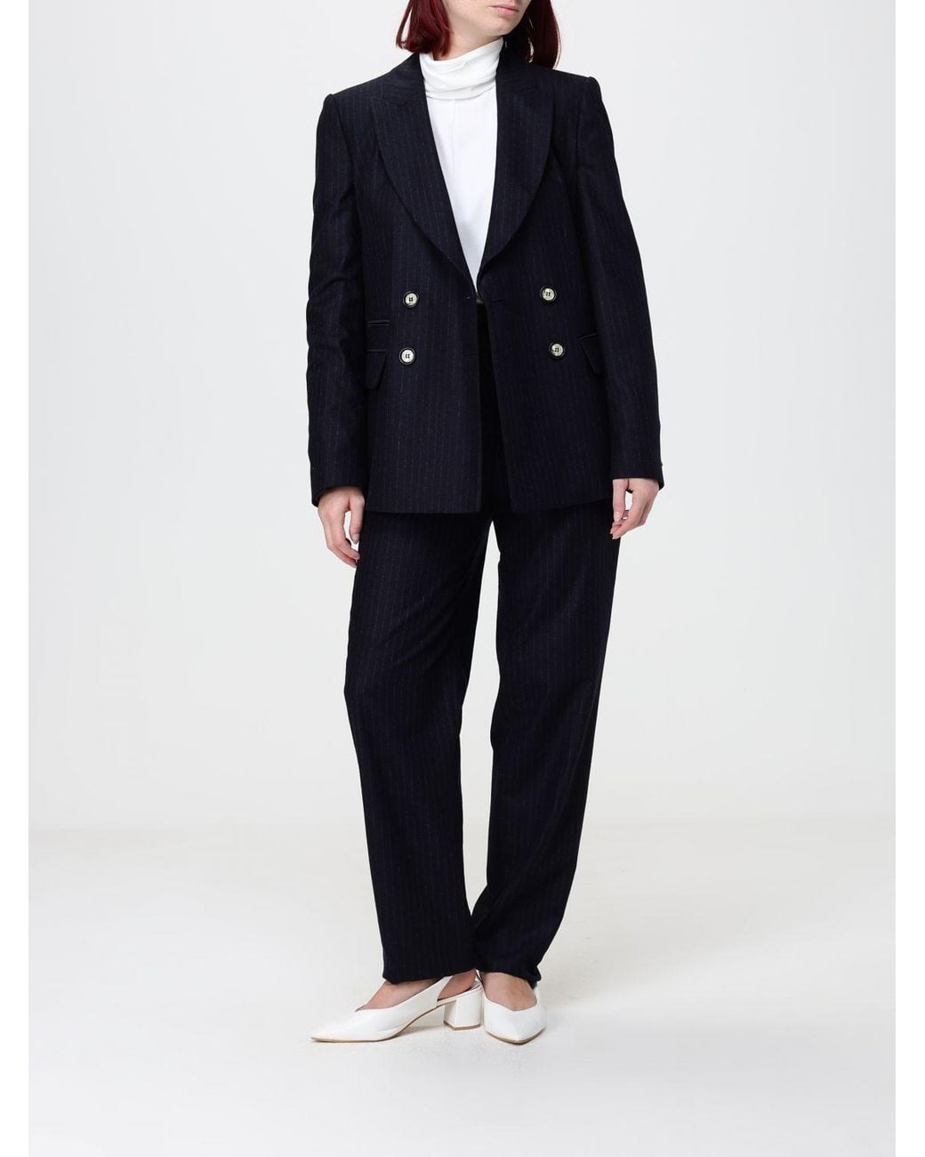 Emporio Armani Blue Pinstripe Double-Breasted Wool Blazer With Peak Lapels