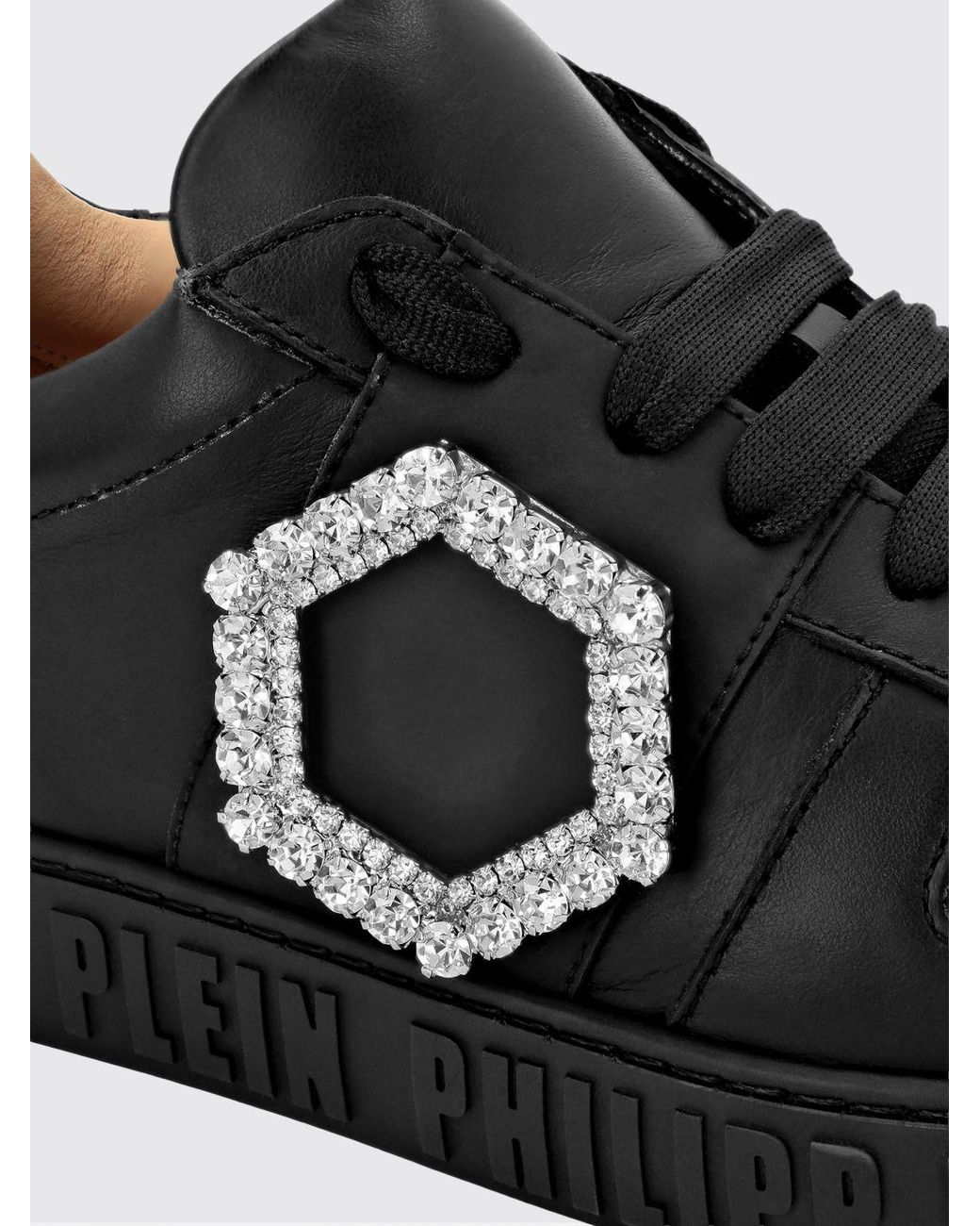 Philipp Plein Black Smooth Leather Low-Top Trainers With Jewelled Buckle