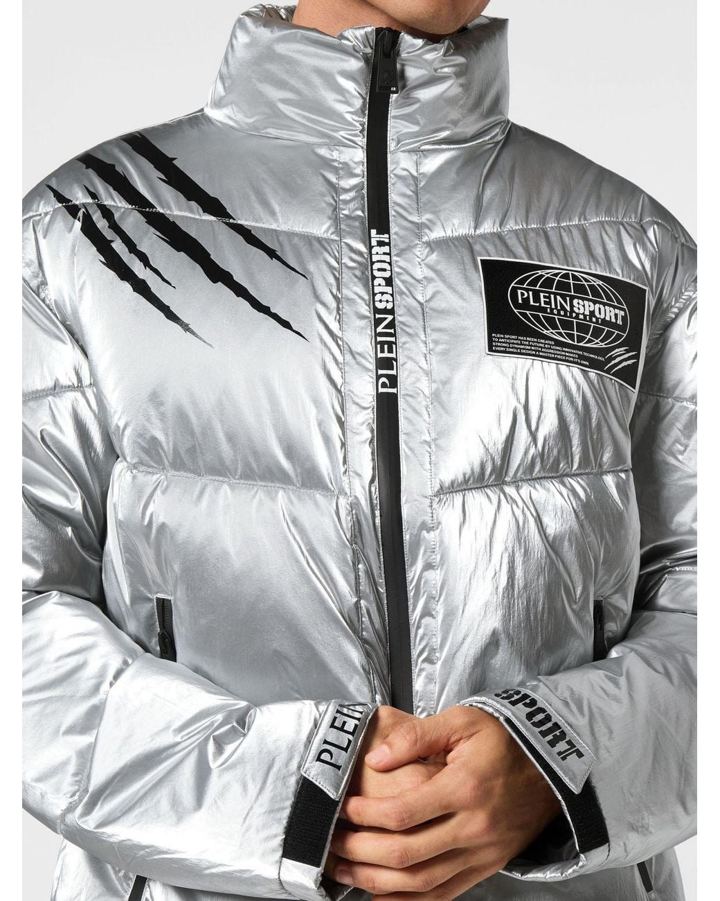 Philipp Plein Gray Short Quilted Nylon Puffer Jacket With High Neck And Logo for men