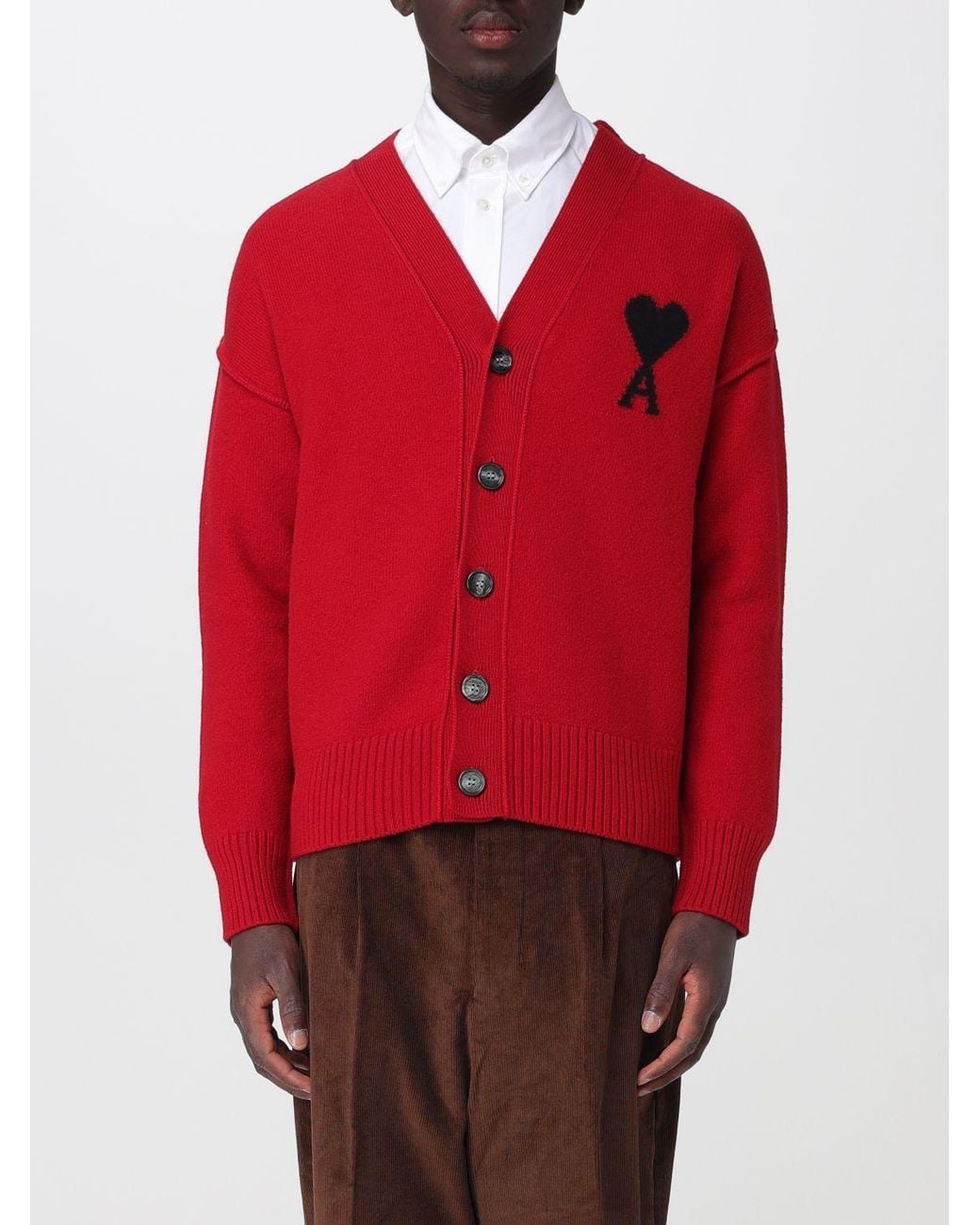 AMI Red V-Neck Wool Cardigan With Contrast Logo for men