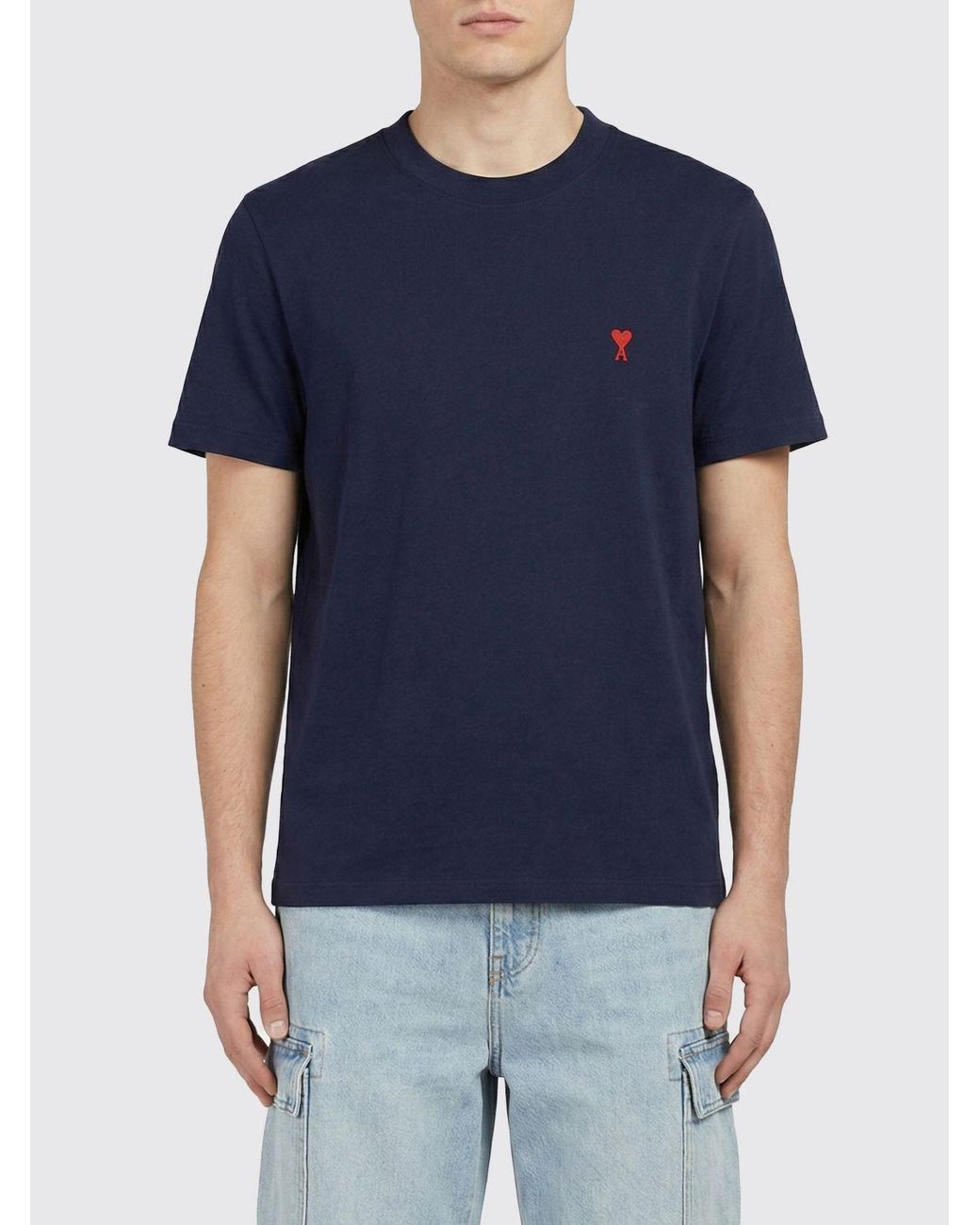 AMI Blue Cotton T-Shirt With Logo for men