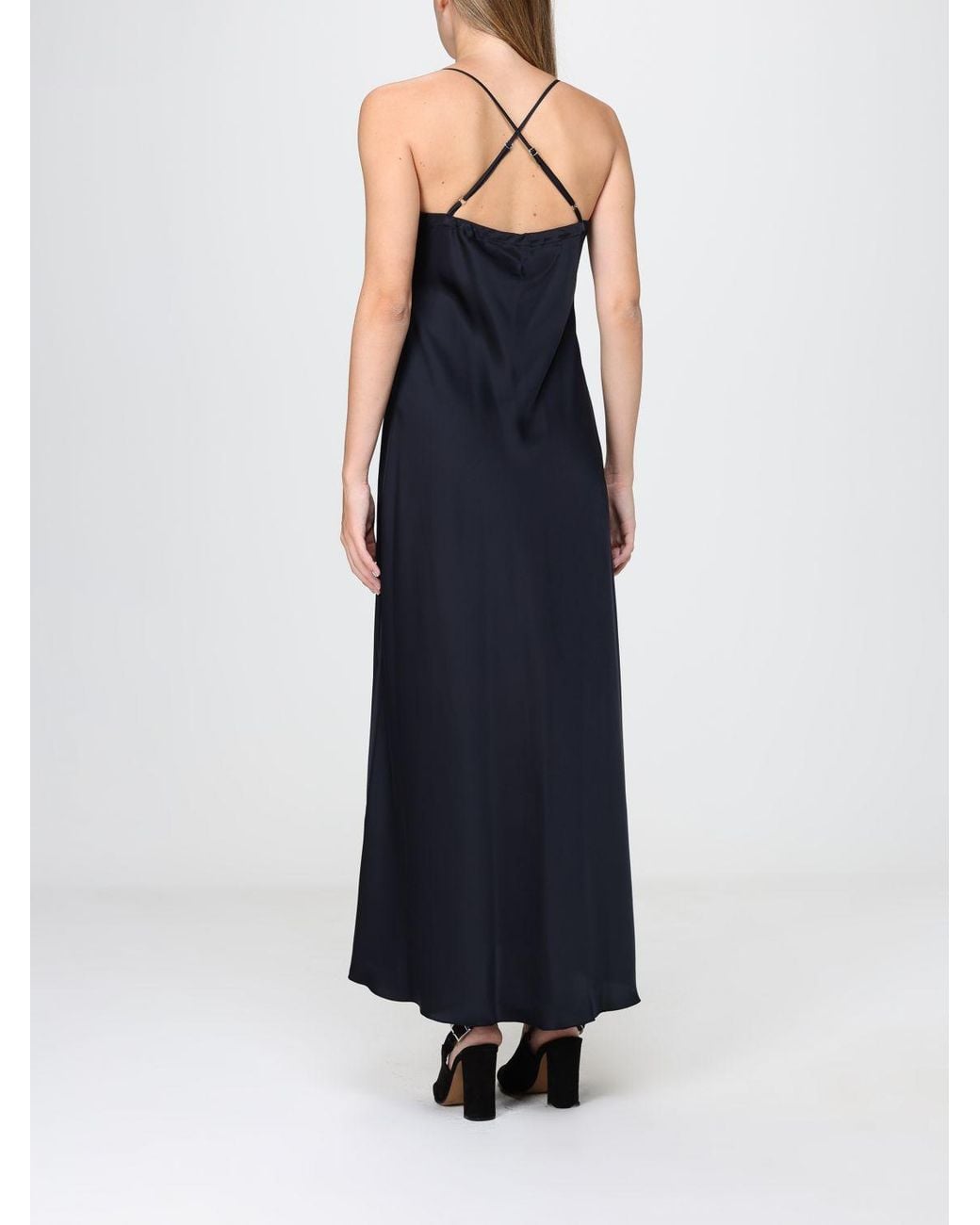 Hanita Blue Satin Slip Midi Dress With Lace Inserts And Criss-Cross Straps