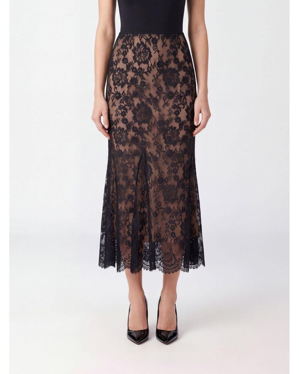 Self-Portrait Brown High-Waisted Slim Fit Lace Midi Pencil Skirt