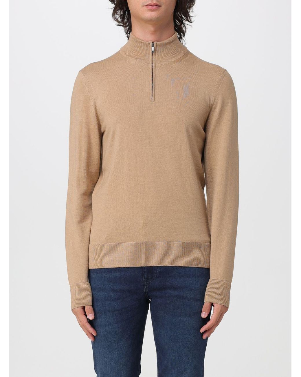 Boss Blue Pure Wool Half-Zip Turtleneck Jumper With Ribbed Hems for men