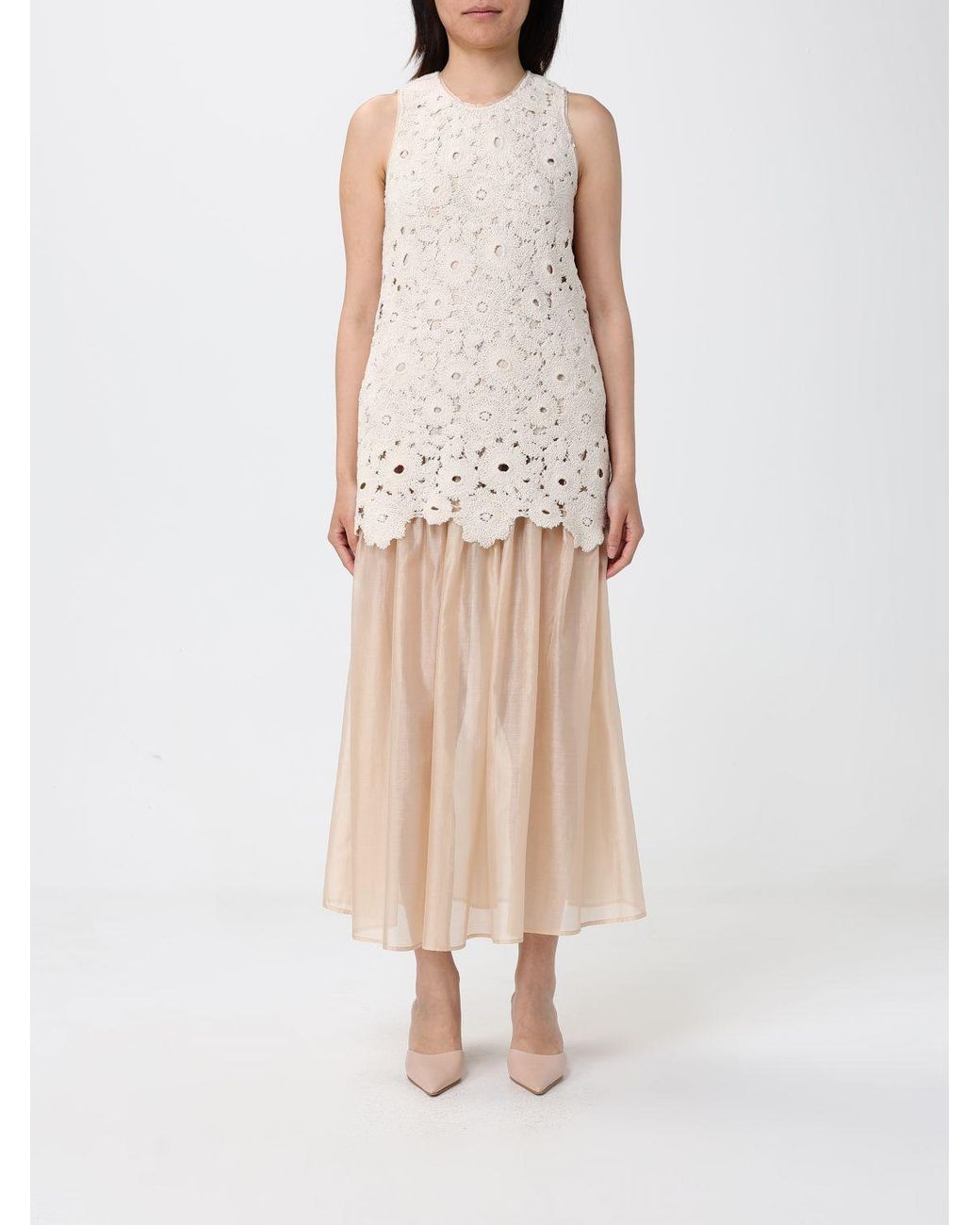 Liu Jo Natural Muslin And Macramé Midi Dress
