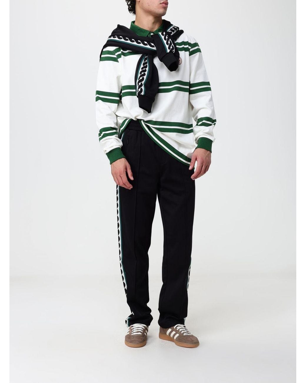 Drole de Monsieur Green Striped Long-Sleeve Cotton Polo Shirt With Logo for men