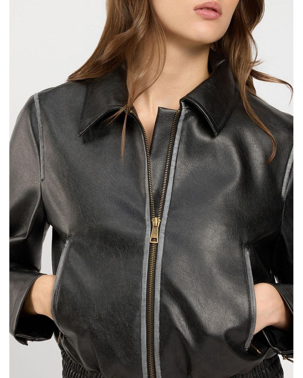 Twinset Gray Short Synthetic Leather Jacket With Zip Closure And Elasticated Hem