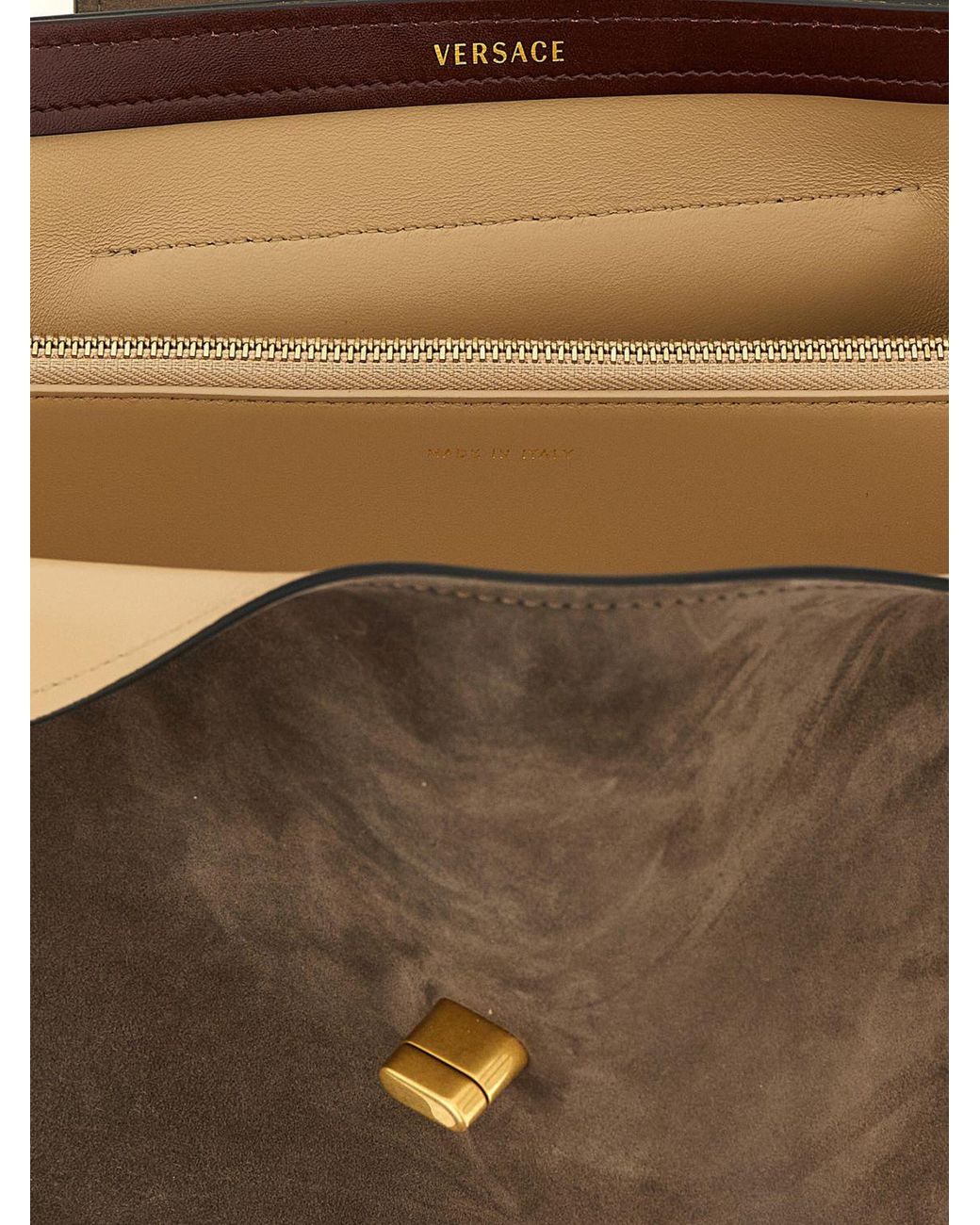 Versace Brown Medium Suede Shoulder Bag With Medusa Hardware And Double Handle