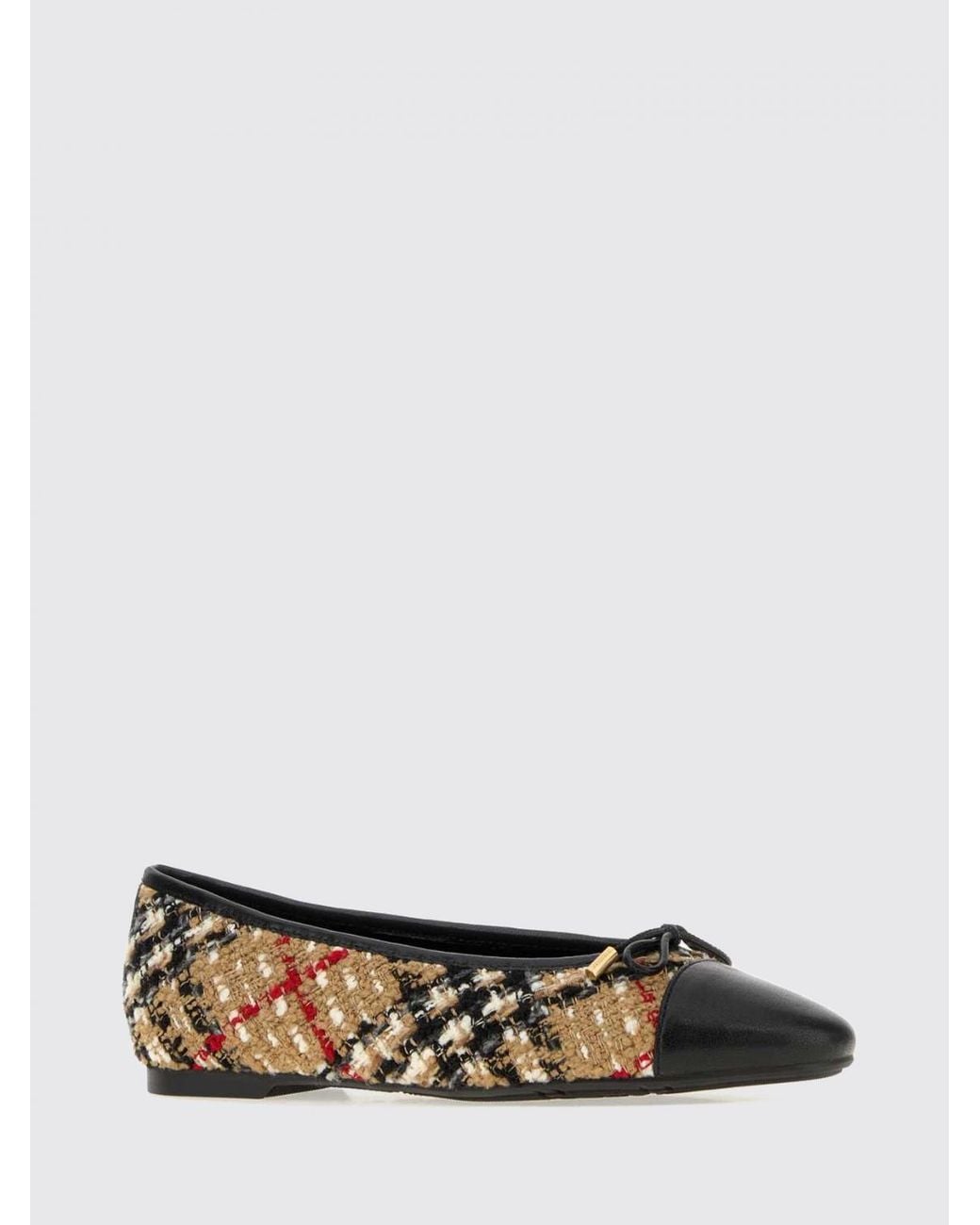 Burberry White Round-Toe Vintage Check Tweed Ballet Flats With Bow Detail