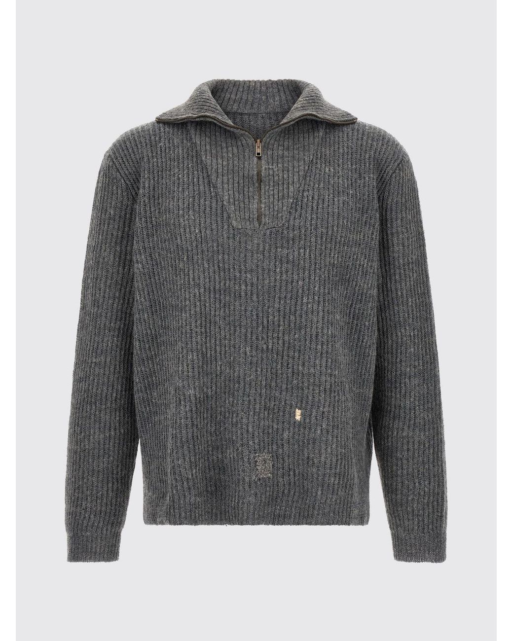Maison Margiela Gray Linen And Wool High Neck Jumper With Zip And Distressed Effect for men