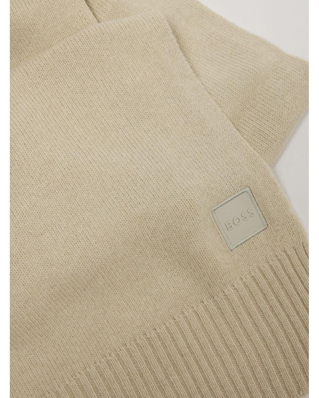 Boss Natural Rectangular Wool And Cotton Scarf With Ribbed Edges And Logo for men