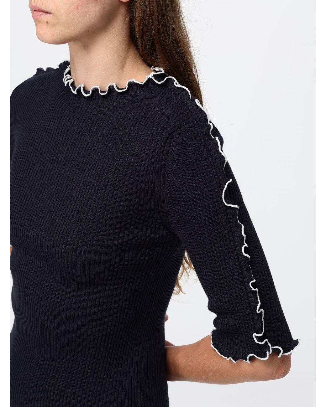 Fabiana Filippi Blue Short-Sleeved Wool And Cotton Blend Crewneck Jumper With Contrast Trim