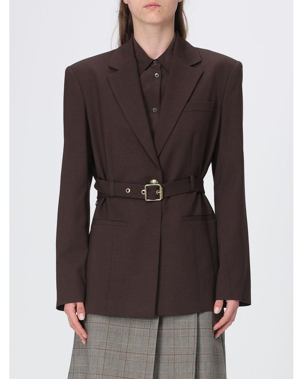 Pinko Brown Slim Fit Single-Breasted Wool Blend Blazer With Waist Belt