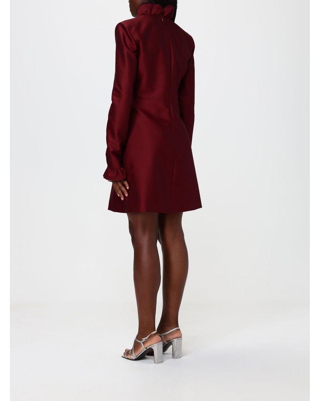Alberta Ferretti Red Long-Sleeve Satin Mini Dress With A V-Neck And Ruffle Collar