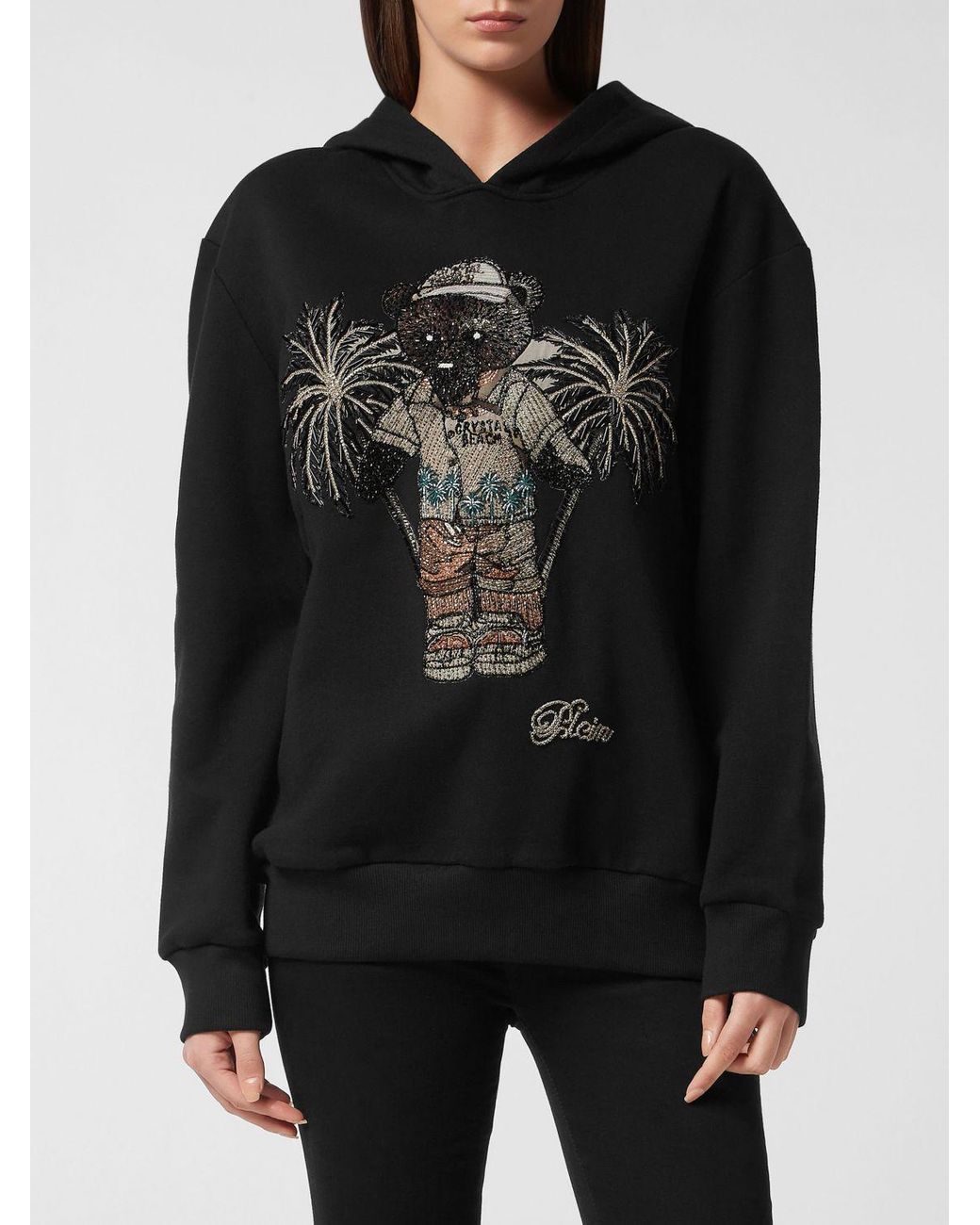 Philipp Plein Black Teddy Bear Print Cotton Hoodie With Rhinestone Details
