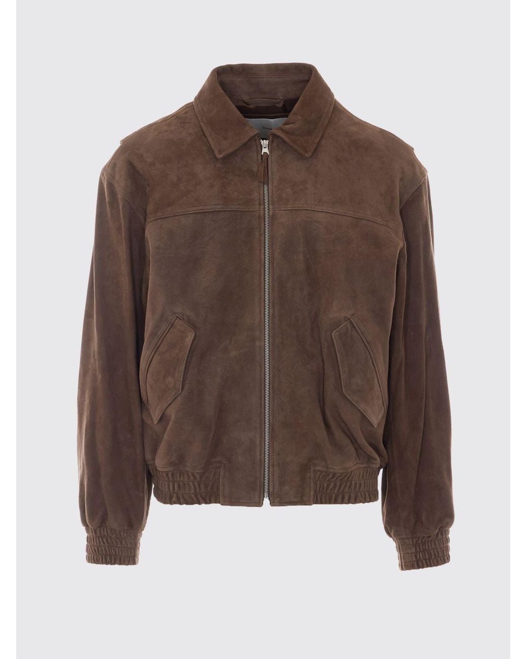 DUNST Brown Lambskin Bomber Jacket With Classic Collar And Dropped Shoulders