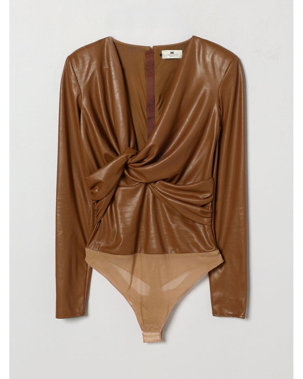 Elisabetta Franchi Blue Long-Sleeved Draped Faux Leather Evening Top