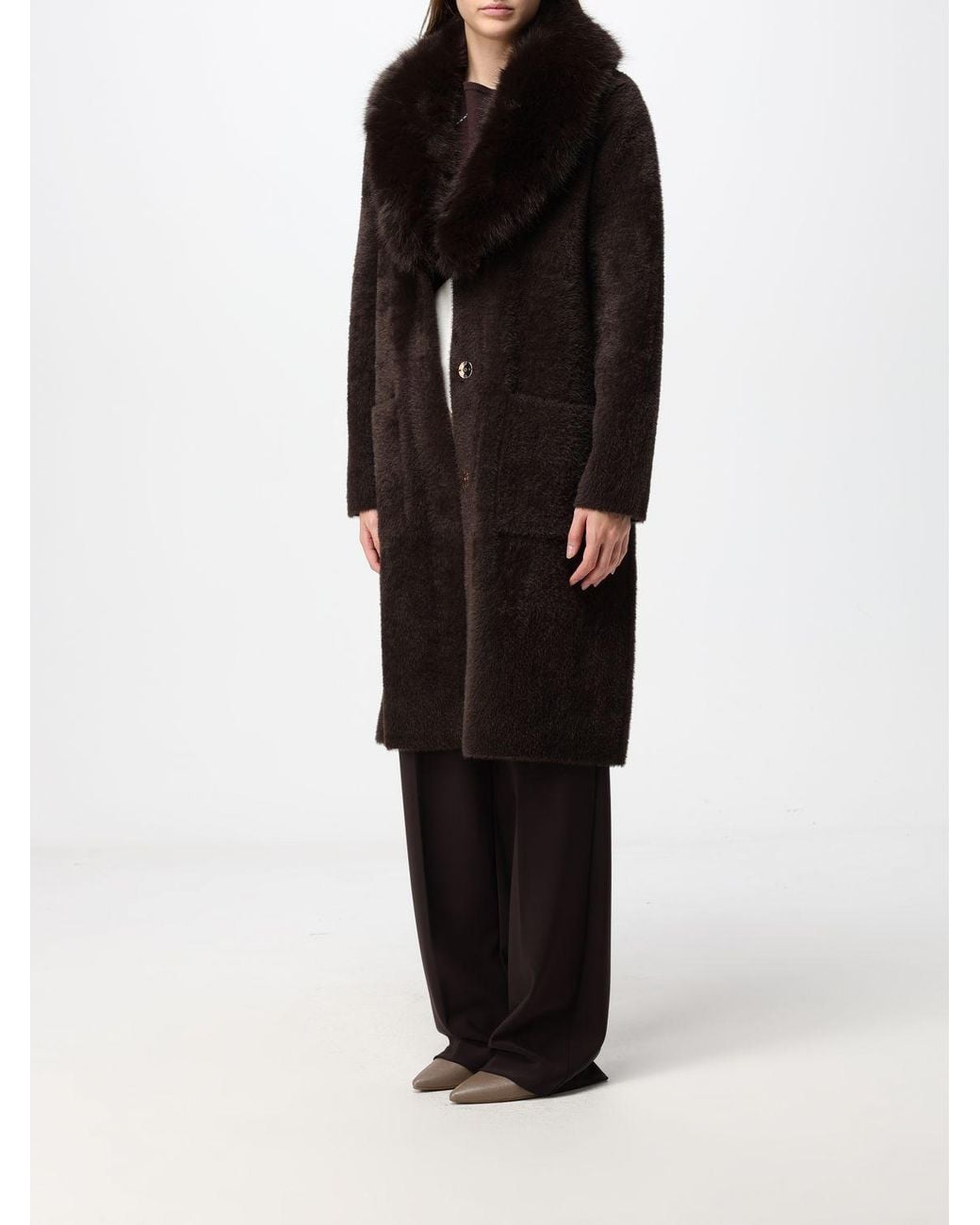 Joseph Ribkoff Black Long Faux Fur Coat With Shawl Collar