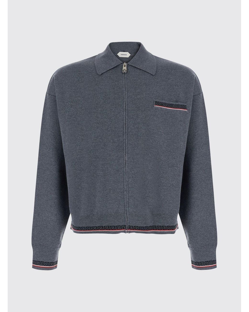Versace Blue Greca Pattern Wool Cardigan With Zip Closure for men