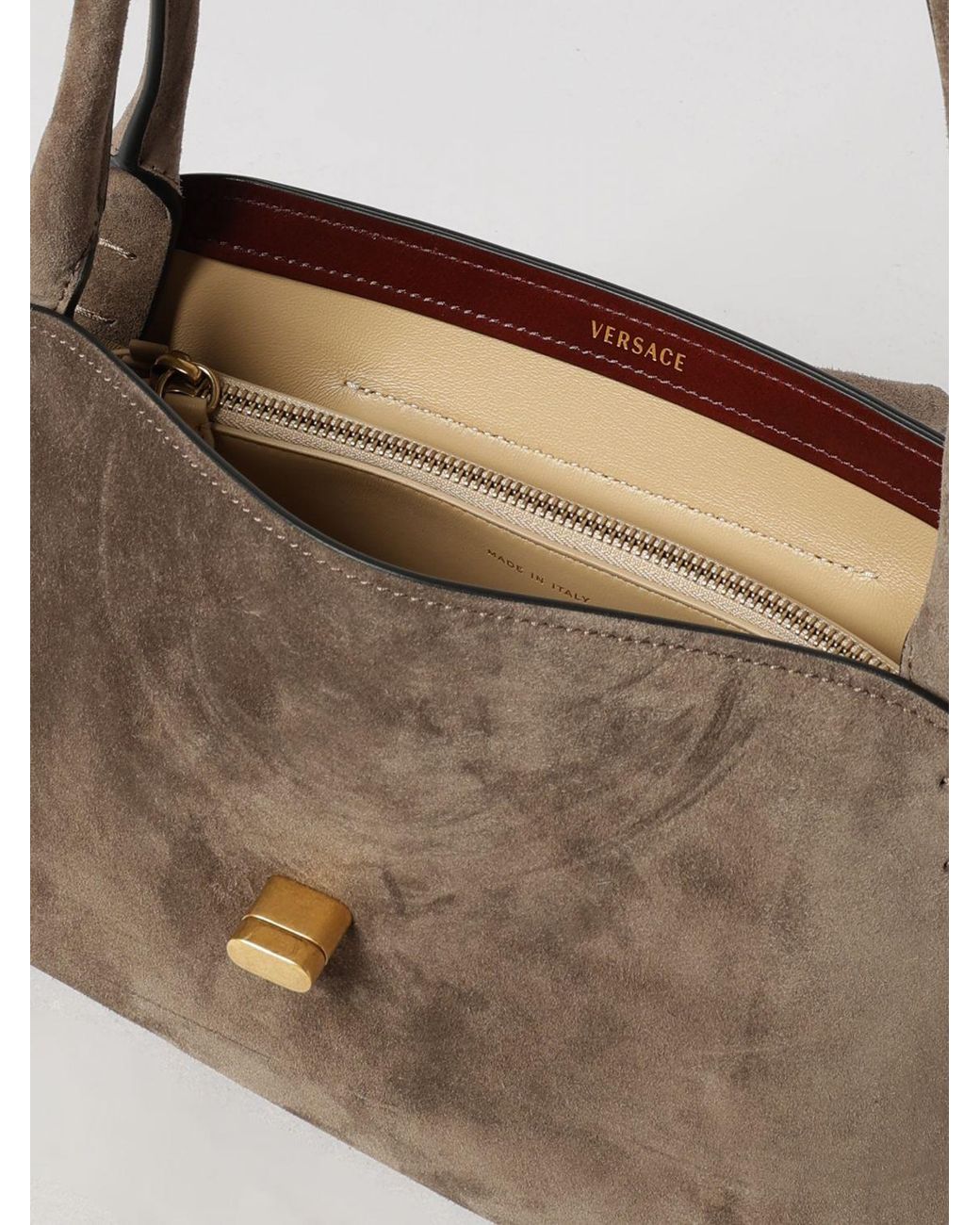 Versace Natural Vivian Small Suede Shoulder Bag With Turn-Lock Closure