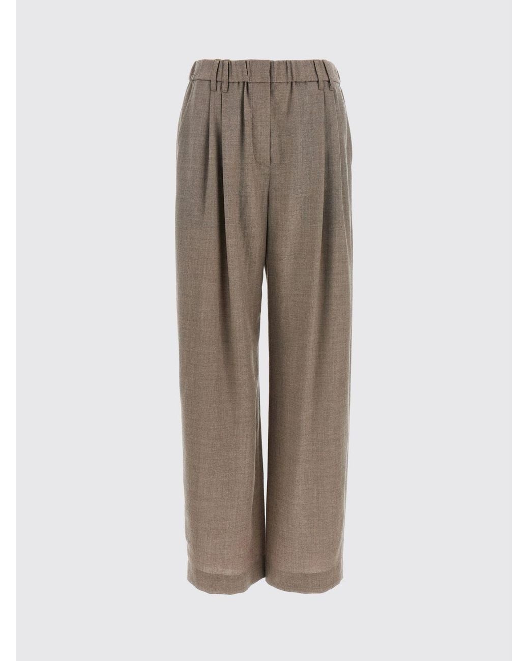 Brunello Cucinelli Natural High-Waisted Virgin Wool Wide Leg Trousers With Monili