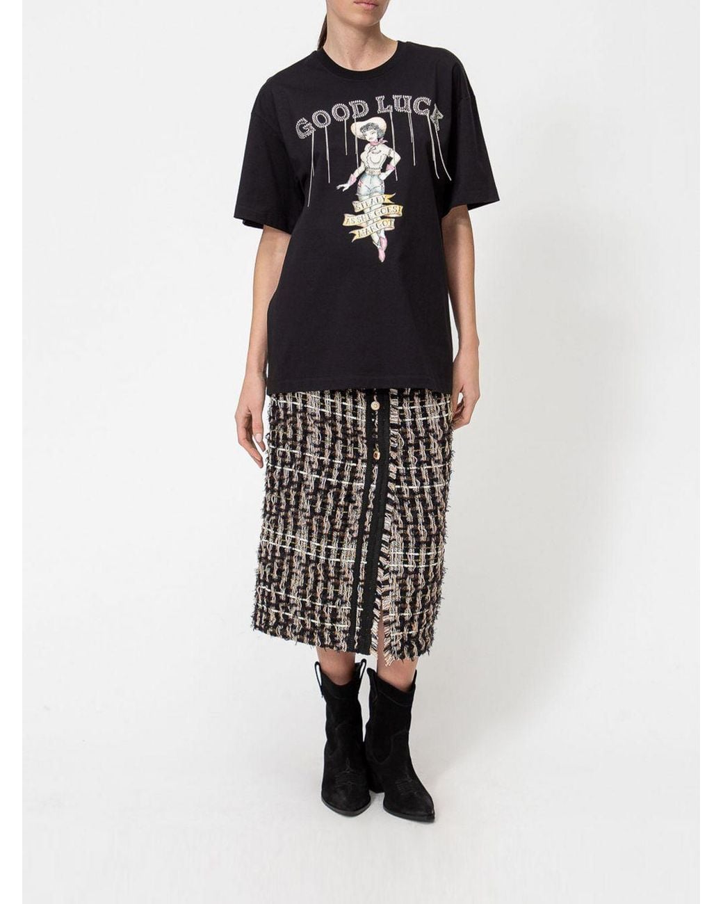 Twinset Black Fringed Cotton T-Shirt With Contrast Slogan Print