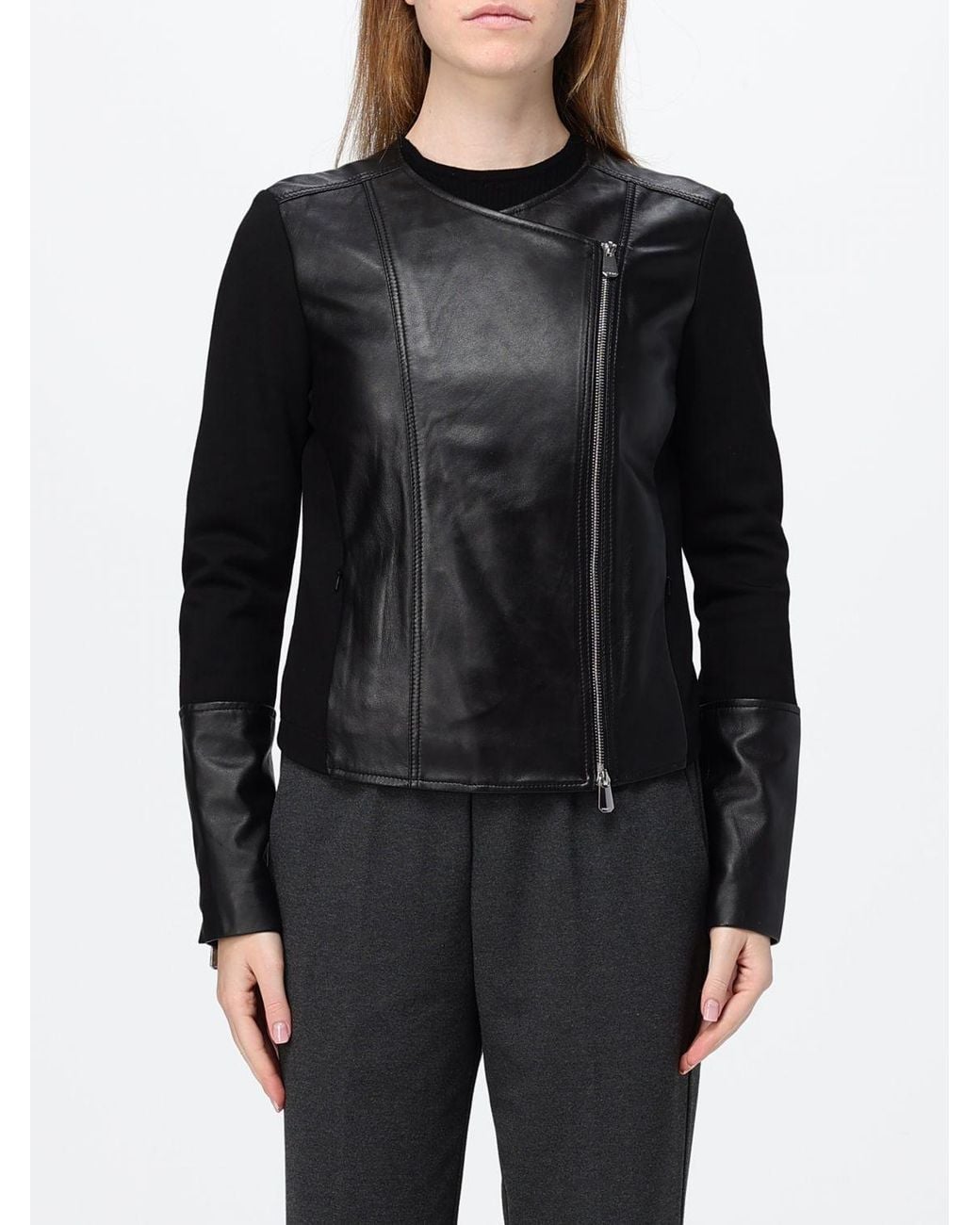 Pinko Black Cropped Leather Biker Jacket With An Asymmetrical Zip Closure