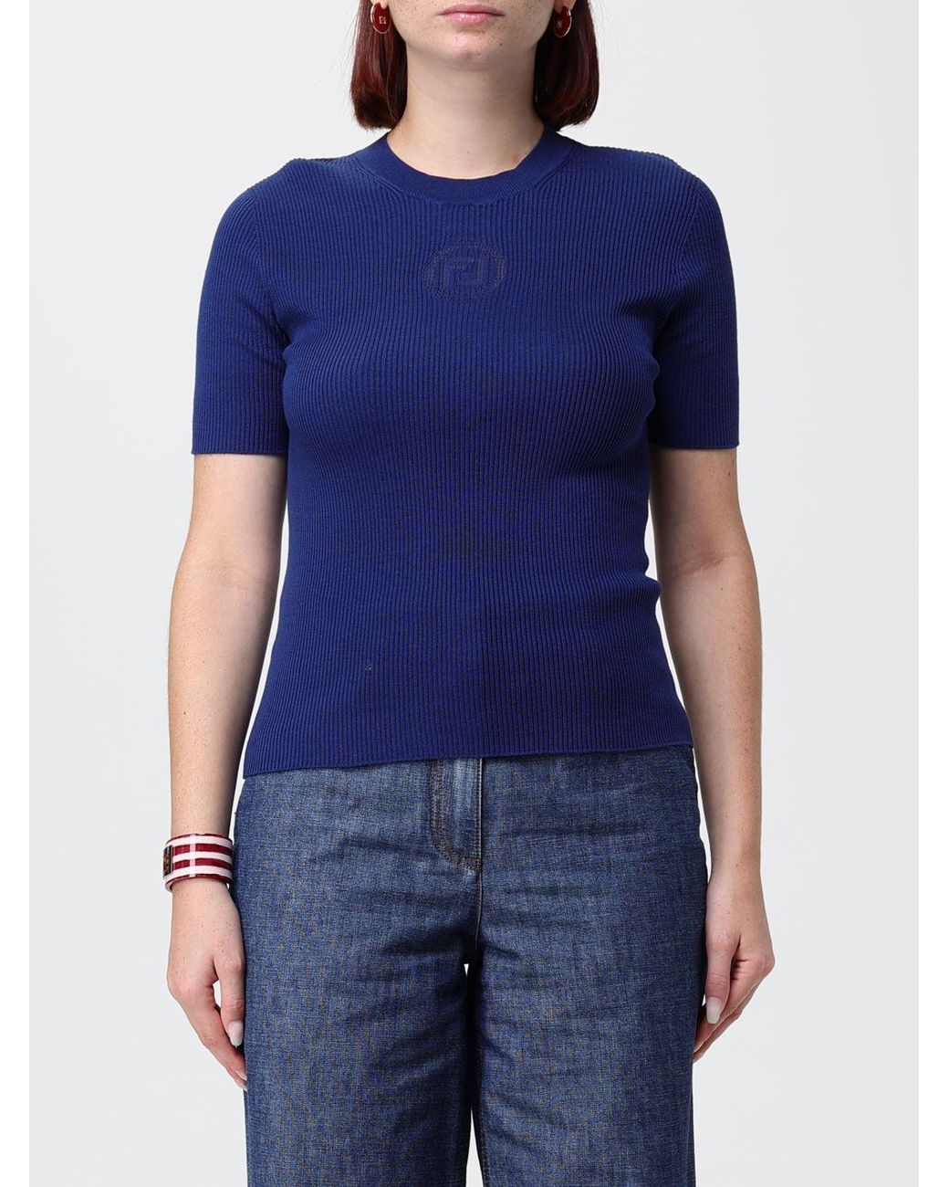 Fendi Blue Ff Monogram Ribbed Cotton Short-Sleeve Knit Top