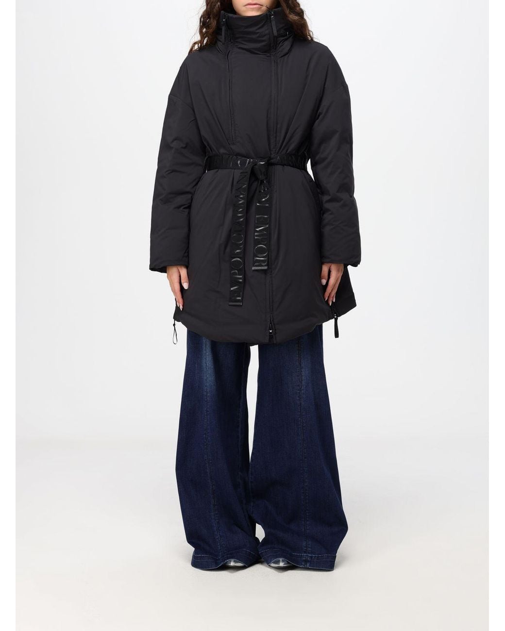 Emporio Armani Blue Knee-Length Puffer Jacket With Packable Hood And Belted Waist