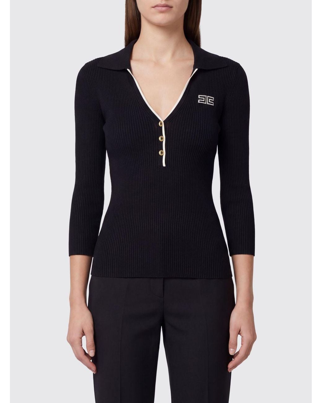 Elisabetta Franchi Black Slim Fit Long-Sleeved Ribbed Knitted Polo Shirt