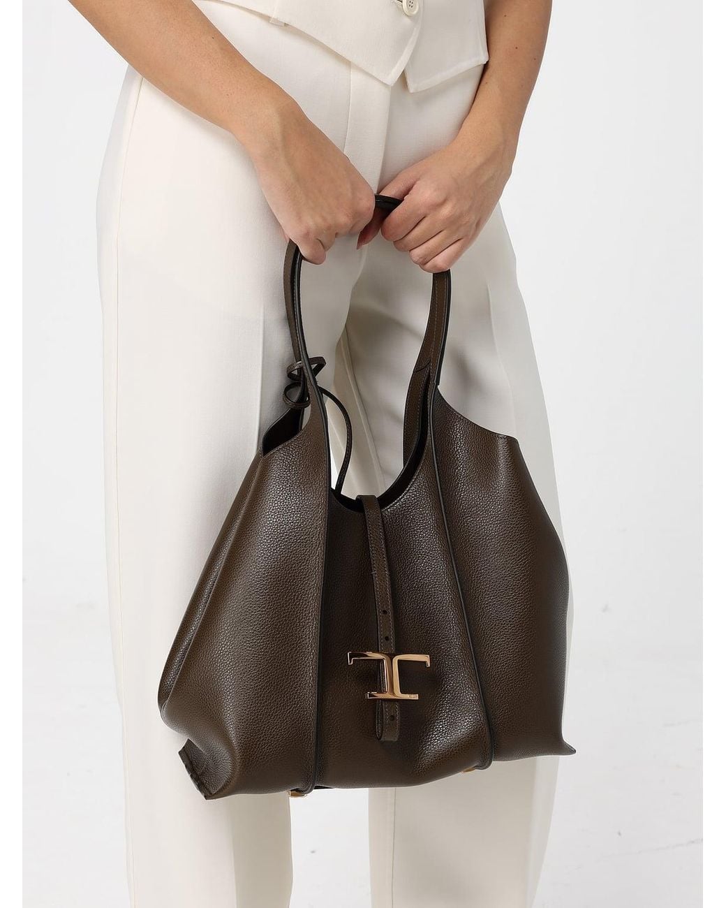 Tod's Brown T Timeless Grained Calfskin Shoulder Bag With Double Handle