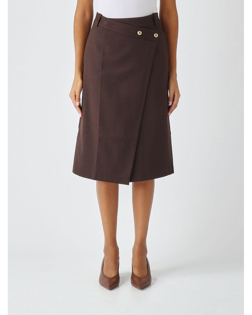 Pinko Brown High-Waisted Crêpe Wrap Midi Skirt With Front Slit