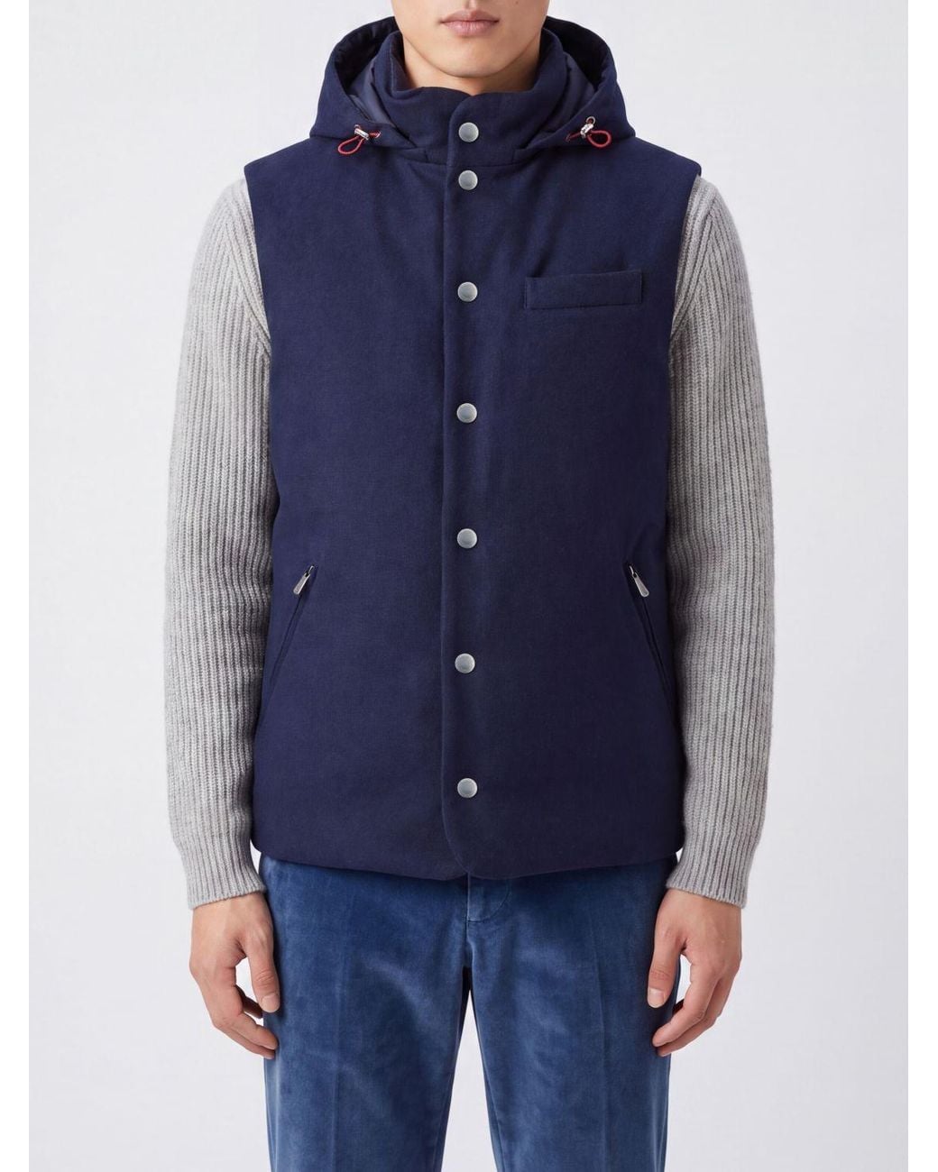 Brunello Cucinelli Blue Padded Wool Vest With Detachable Hood for men