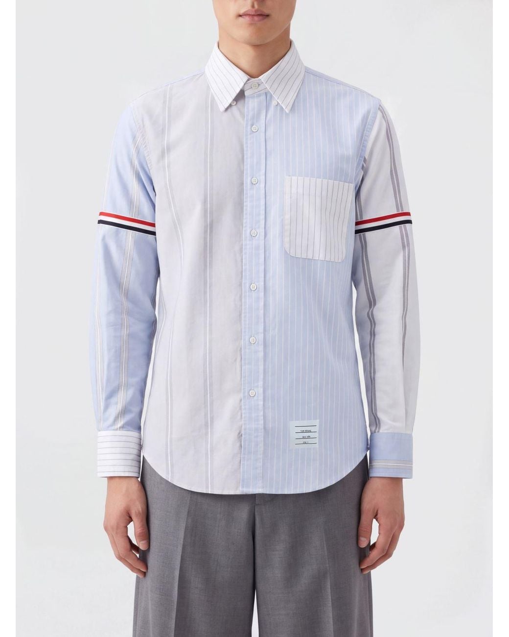Thom Browne Blue Patchwork Cotton Shirt With Patch Pocket And Flag Logo for men