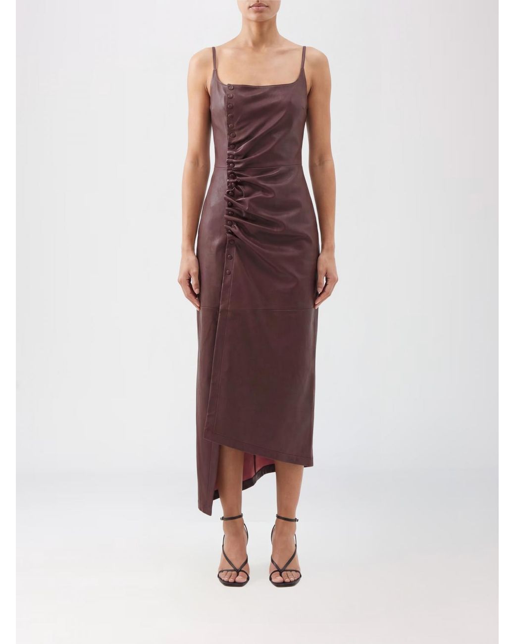 Rabanne Red Asymmetrical Draped Leather Midi Dress With Square Neckline