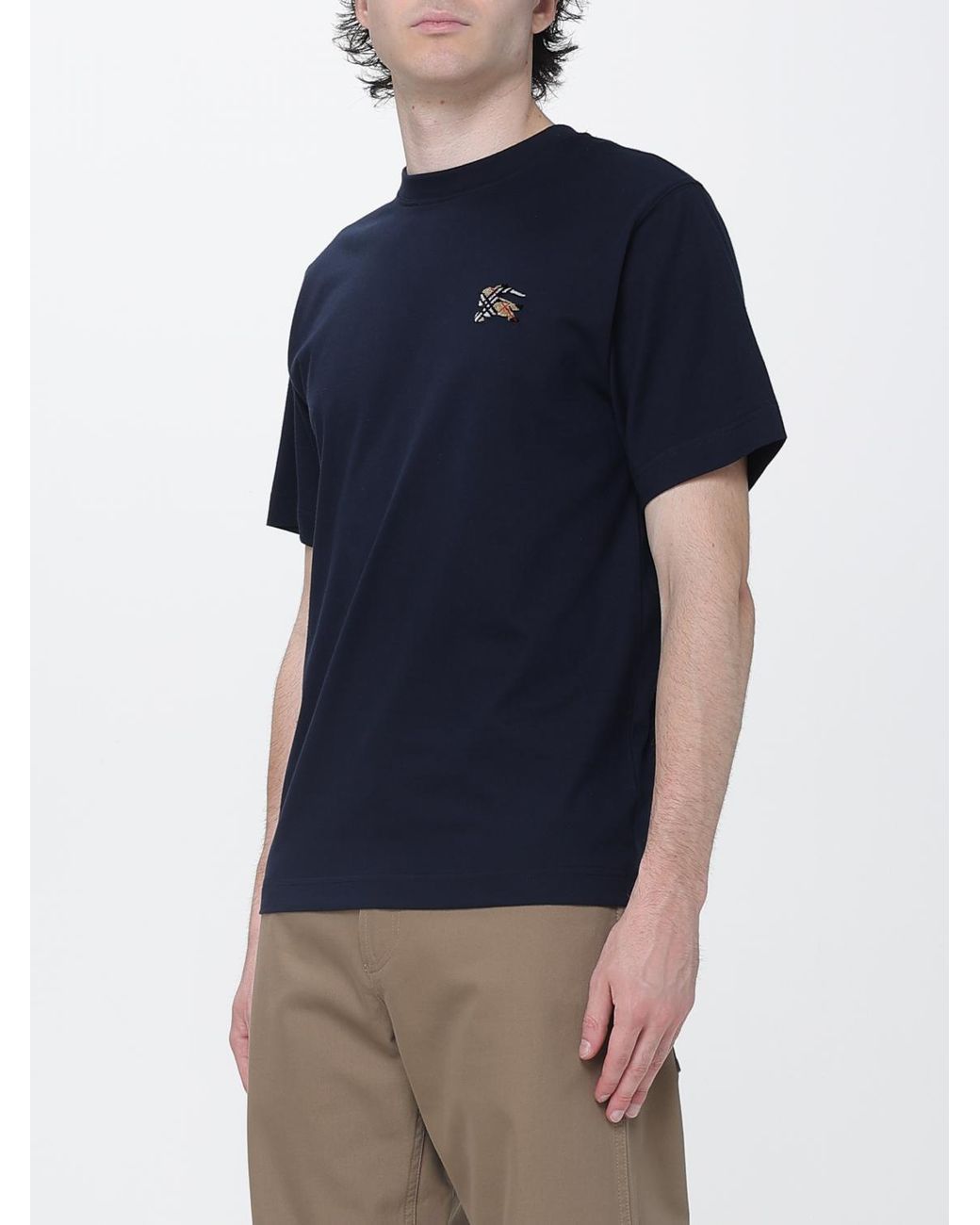 Burberry Blue Cotton T-Shirt With Crew Neck And Equestrian Knight Logo Detail for men