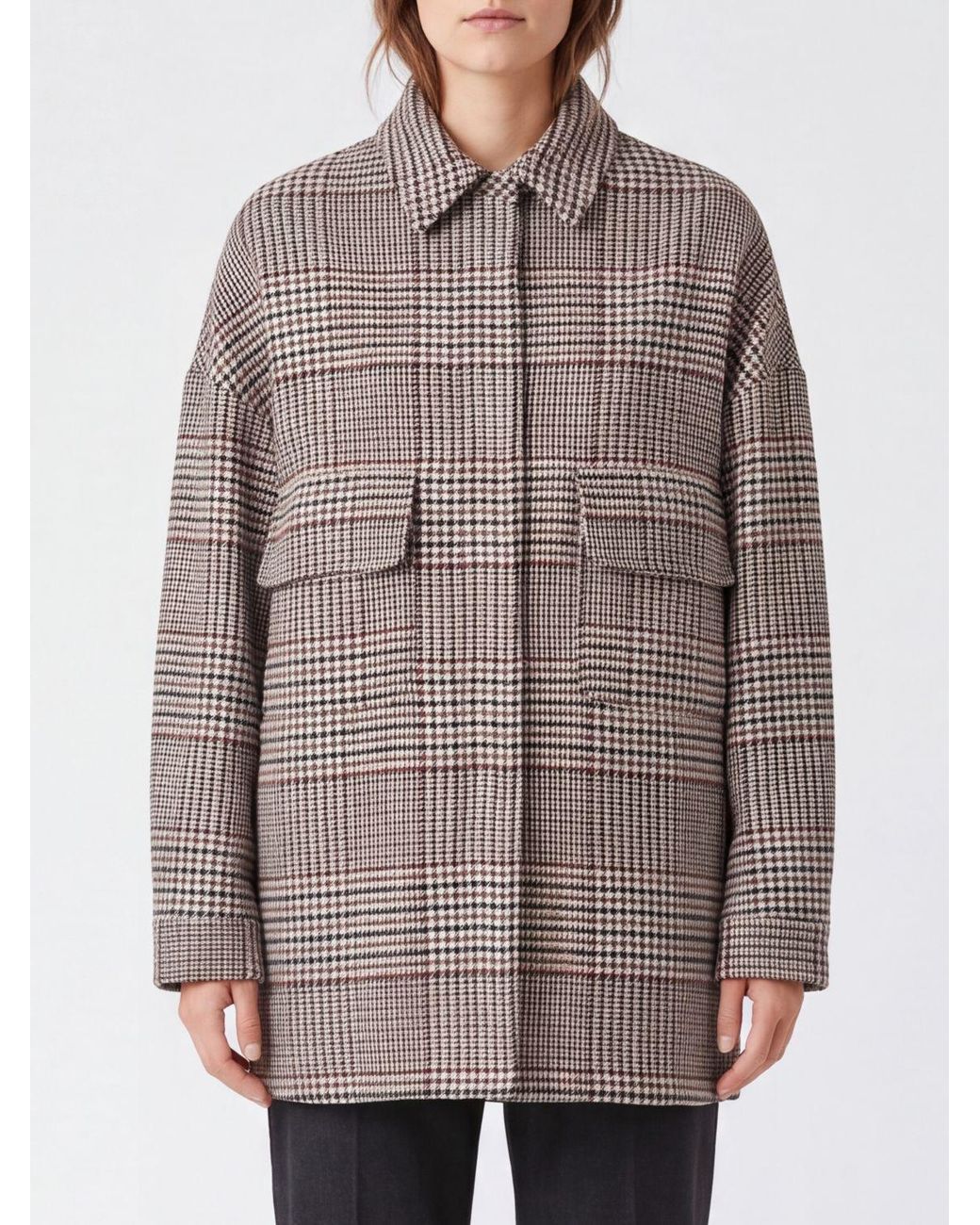 FEDERICA TOSI Brown Knee-Length Single-Breasted Houndstooth Wool Coat