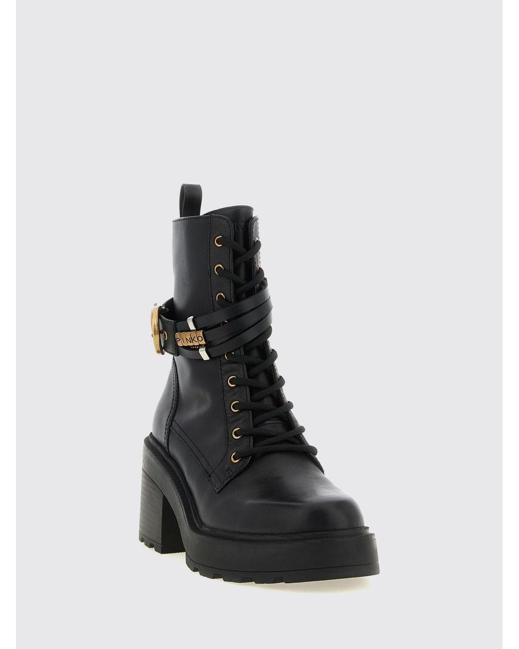 Pinko Black Altea Leather Combat Boots With Lug Sole And Medium Heel