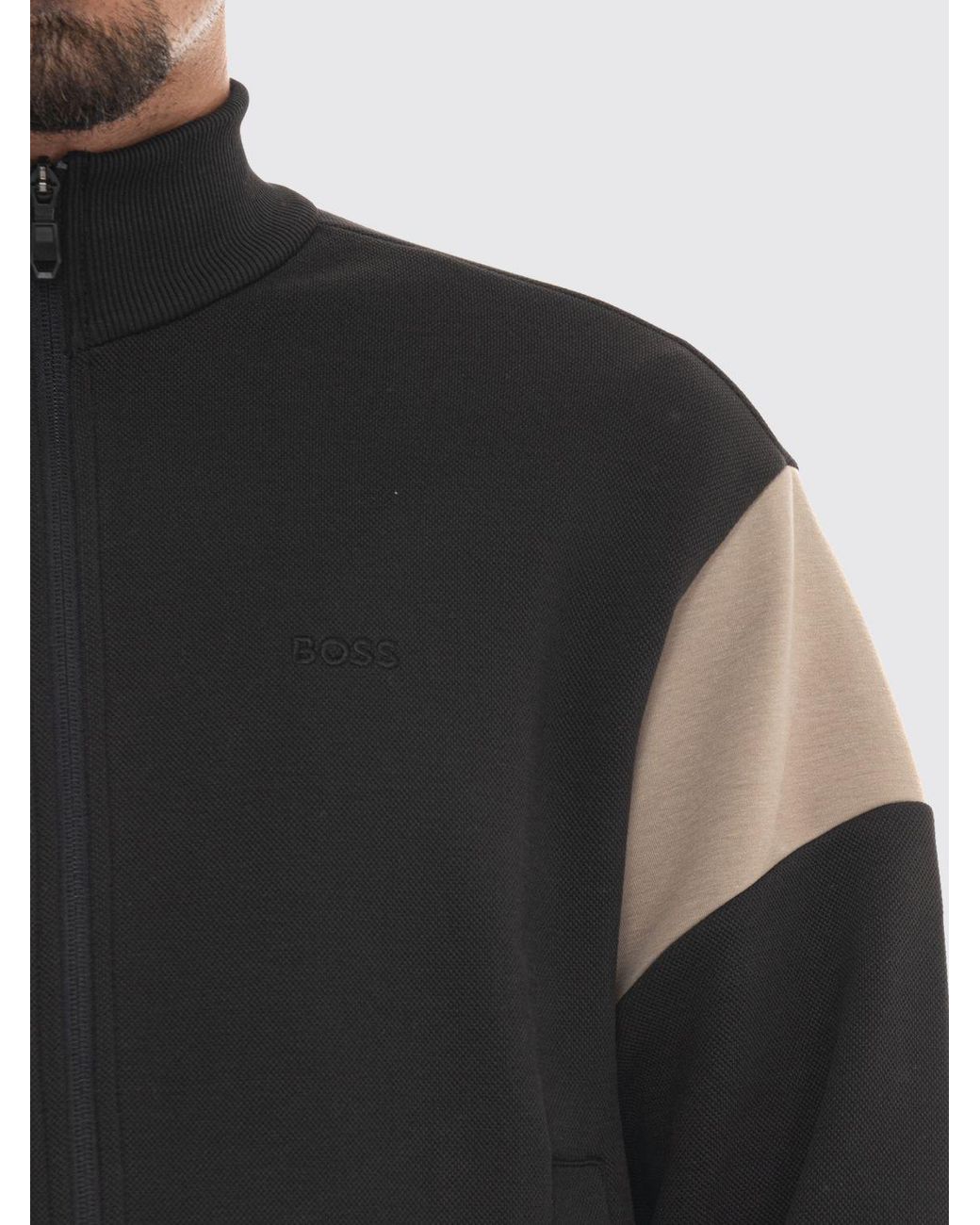 Boss Black Mock Neck Zip-Up Cotton Jumper With Contrast Tipping for men