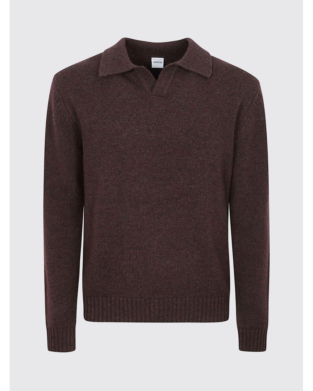 Aspesi Brown Long-Sleeved Wool Knit Polo Shirt With A Classic Collar for men