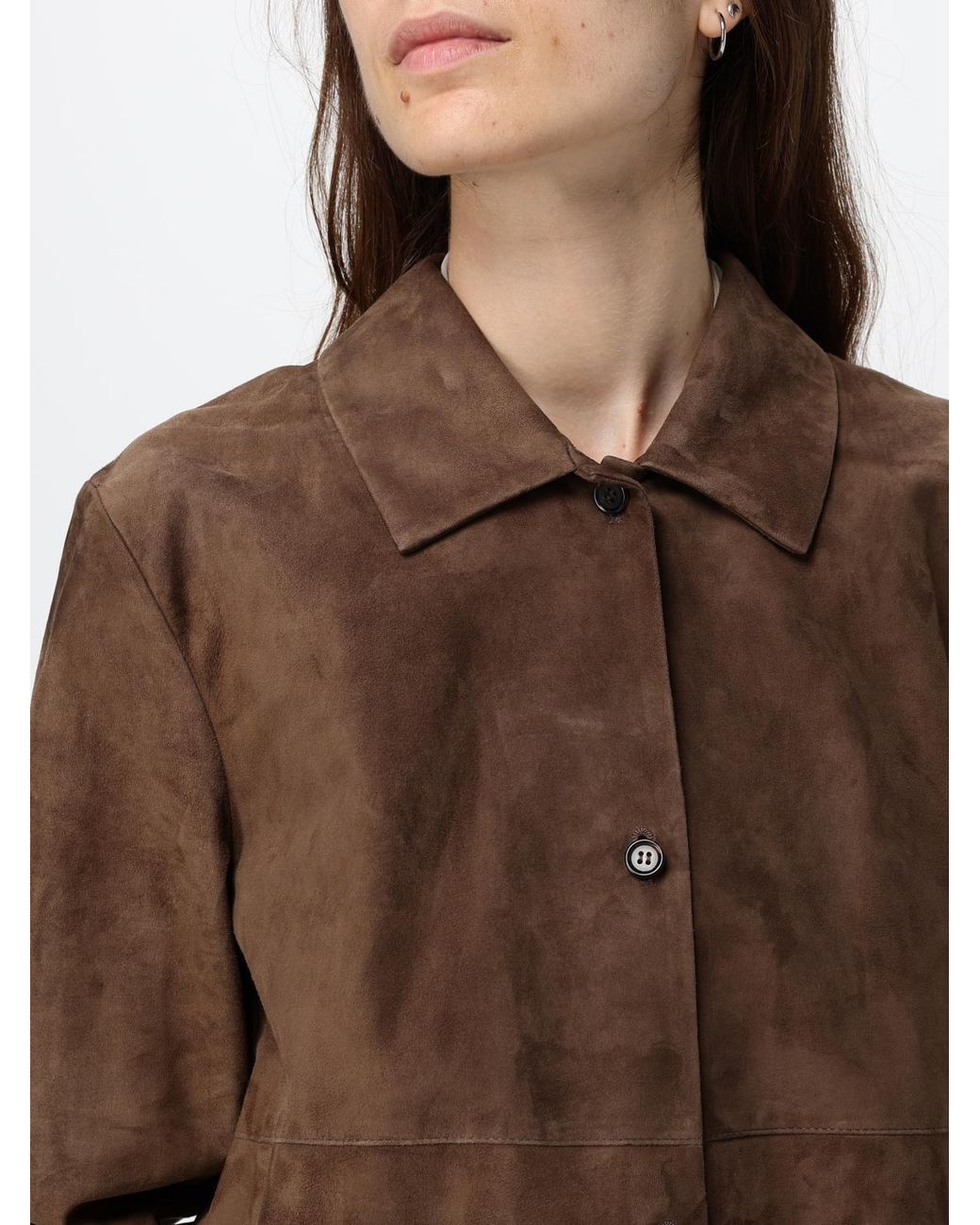 Max Mara Brown Suede Leather Shirt Jacket With Classic Collar