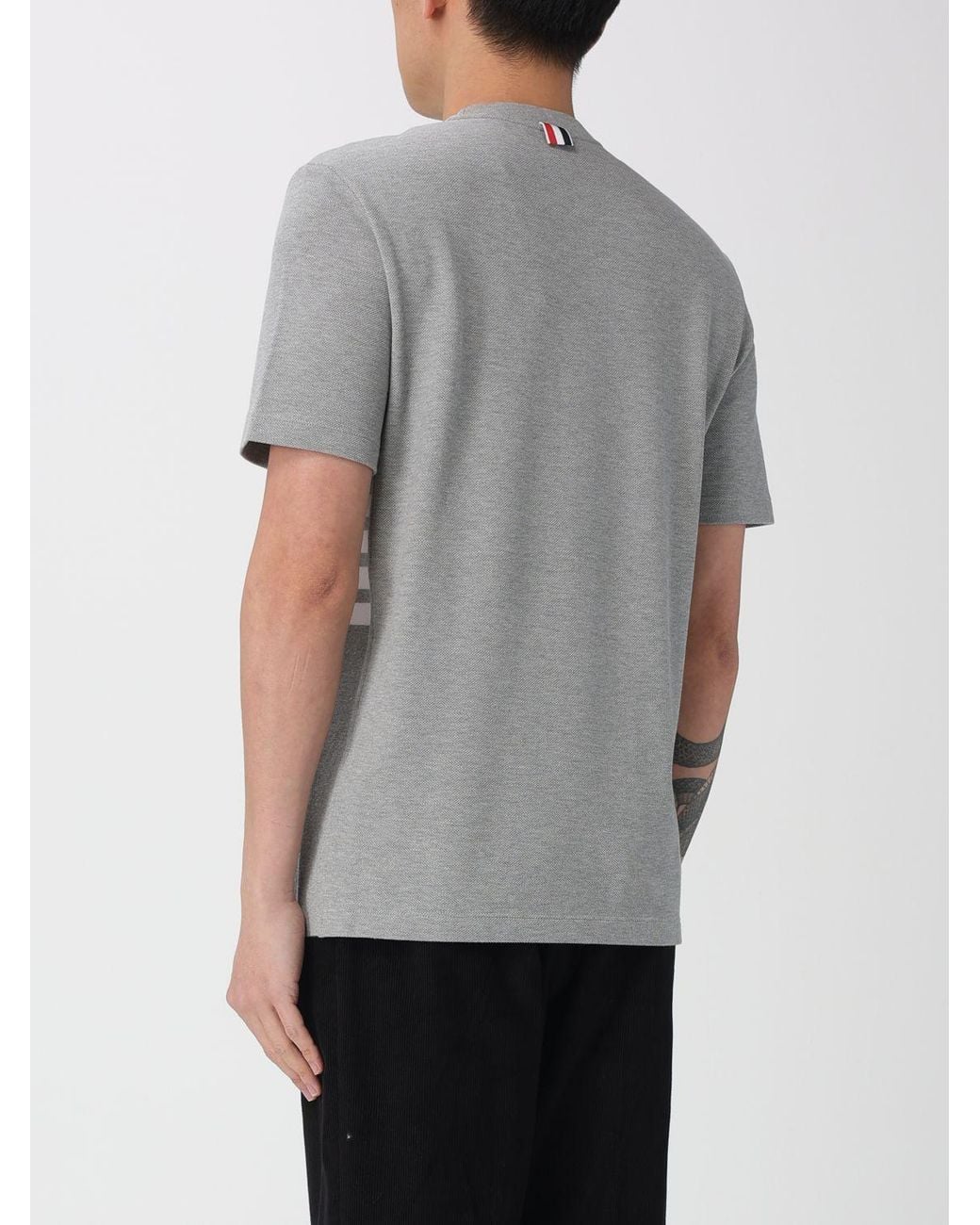 Thom Browne Gray Bar Cotton Basic T-Shirt With Logo for men