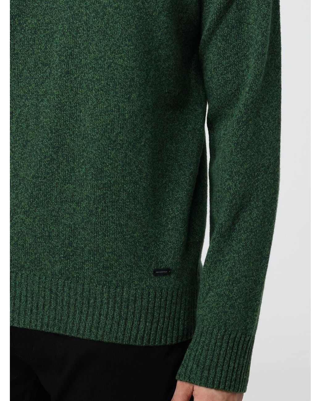 Brooksfield Green Pure Wool Crew-Neck Jumper With Ribbed Trims for men