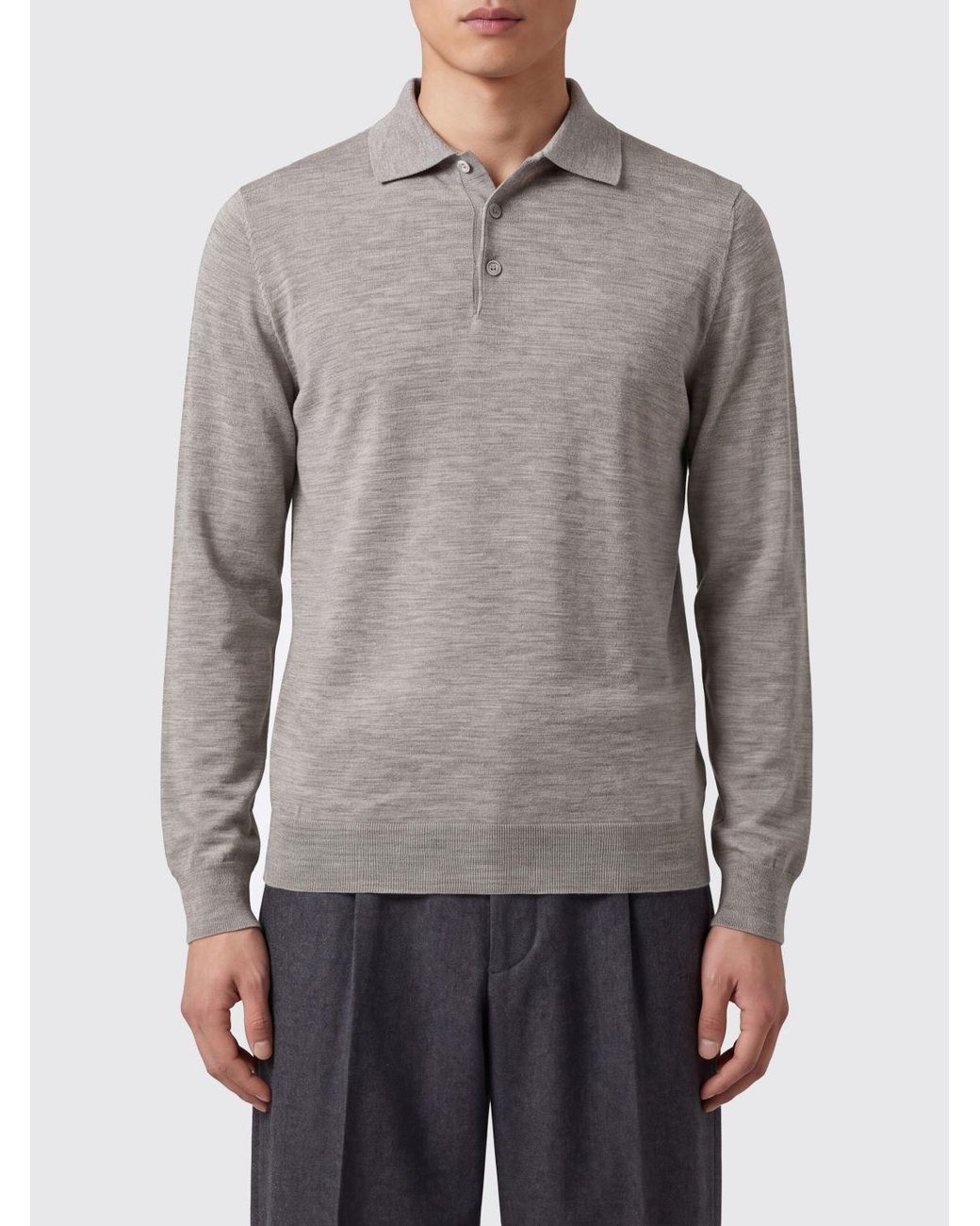 Brunello Cucinelli Gray Long-Sleeved Knit Cashmere Polo Shirt for men
