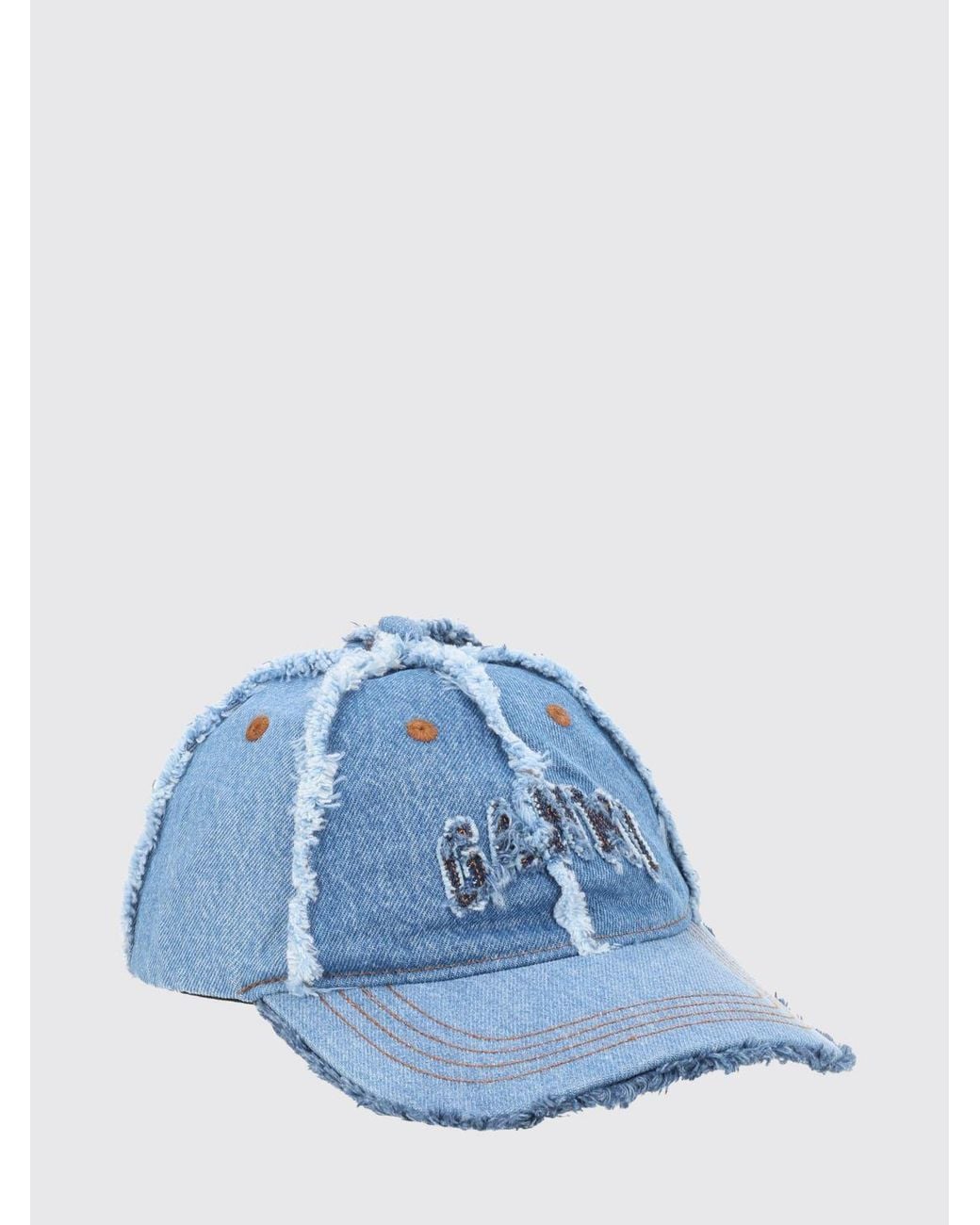 Ganni Blue Frayed Hem Embroidered Logo Cotton Denim Baseball Cap