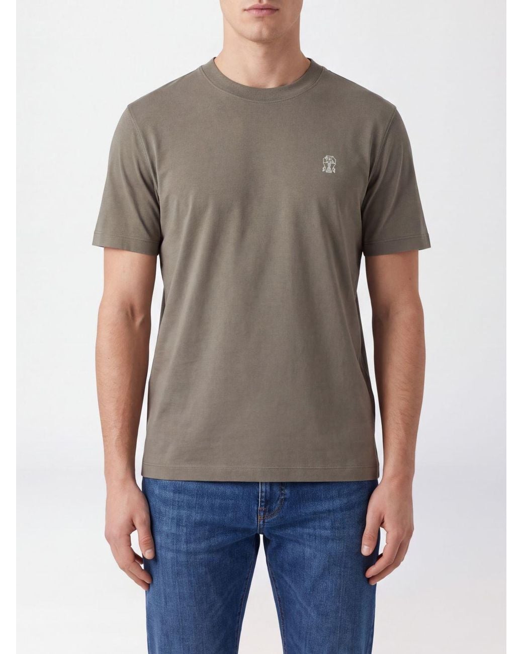 Brunello Cucinelli Gray Cotton Crew-Neck T-Shirt With Contrast Logo for men