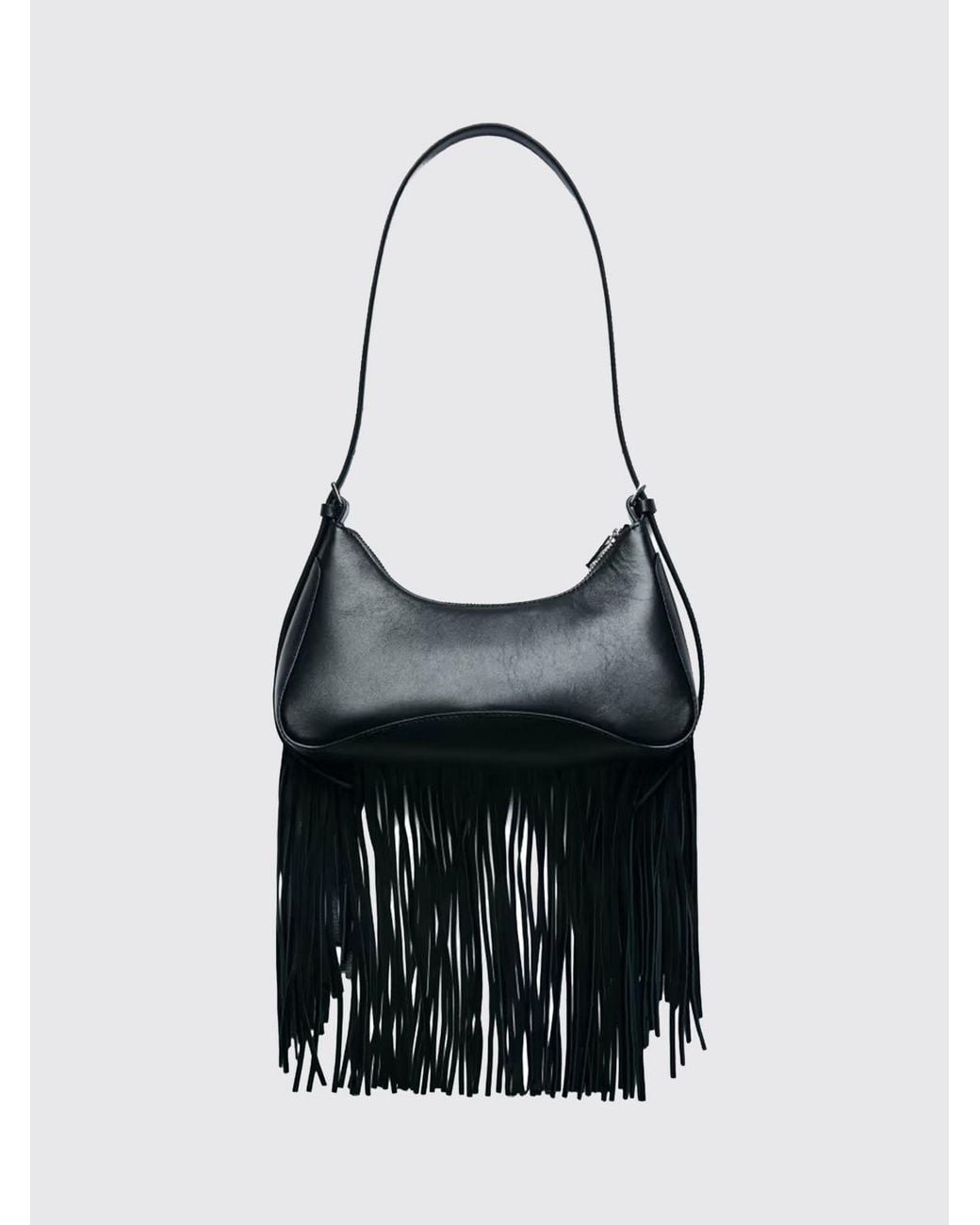 Patrizia Pepe Black Calfskin Leather Shoulder Bag With Fringes And Adjustable Handle