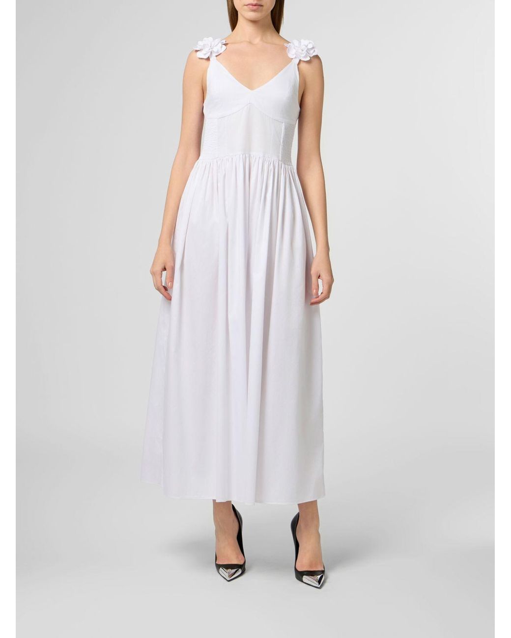 Philipp Plein White Embroidered Cotton Midi Dress With Off-The-Shoulder Design And Flower