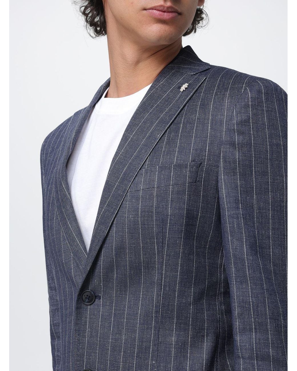 Manuel Ritz Blue Single-Breasted Pinstriped Linen Blend Blazer for men